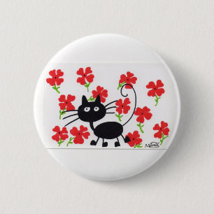 Cartoon-schwarze Katze und rote Blumen Button