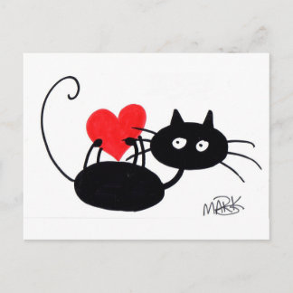 Cartoon Schwarze Katze und rotes Herz Postkarte