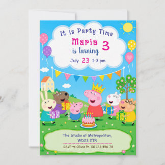 Cartoon-Schwein-Themen-Einladung. Kinderparty. Einladung