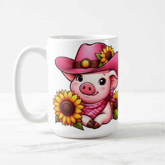 Cartoon Schweinefleisch mit rosa Hut und Sonnenblu Kaffeetasse (Links)