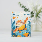 Cartoon Sea Turtle Swims in Kelp Forest Postkarte (Stehend Vorderseite)