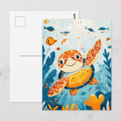 Cartoon Sea Turtle Swims in Kelp Forest Postkarte (Vorne/Hinten)