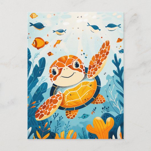 Cartoon Sea Turtle Swims in Kelp Forest Postkarte (Vorderseite)