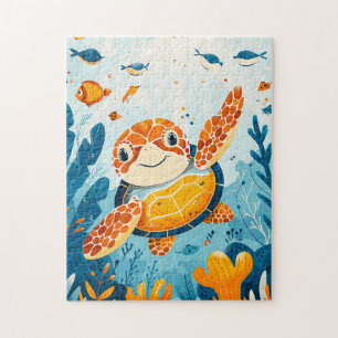 Cartoon Sea Turtle Swims in Kelp Forest Puzzle