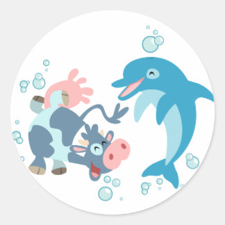 Cartoon Seacow und Dolphin-Aufkleber Runder Aufkleber