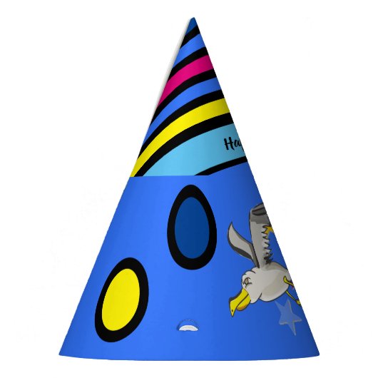 Cartoon-Seagull mit bunten Sternen und Kreisen Partyhütchen (Links)