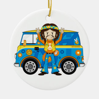 Cartoon-Sechziger-FriedensHippie und -van Keramik Ornament
