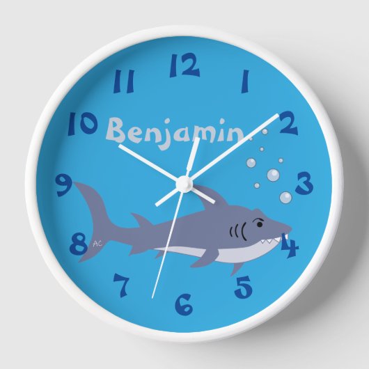 Cartoon Shark Blue Nursery Room Wall Clock Uhr (Vorderseite)