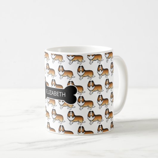Cartoon-Sheltie mit Knochen und Name Kaffeetasse (VorderseiteRechts)