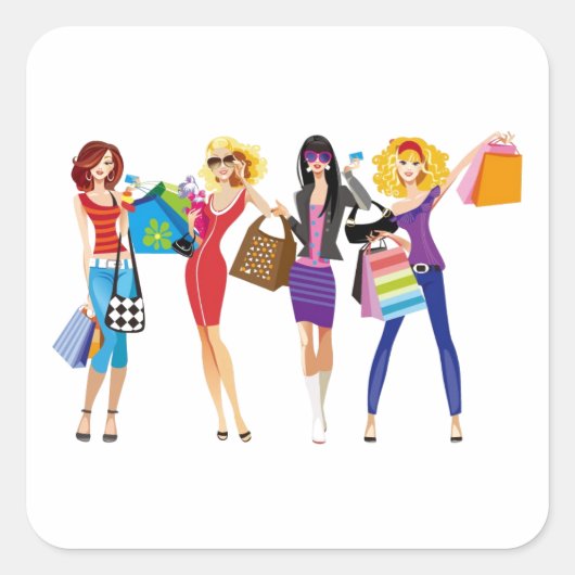 CARTOON SHOPPING MÄDCHEN VECTORS FASHION STIL FUN  QUADRATISCHER AUFKLEBER (Vorderseite)