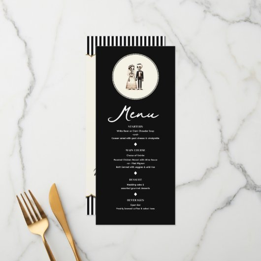 Cartoon Skeleton Bride + Groom Wedding Menu Menükarte (Vorderseite/Rückseite Beispiel)