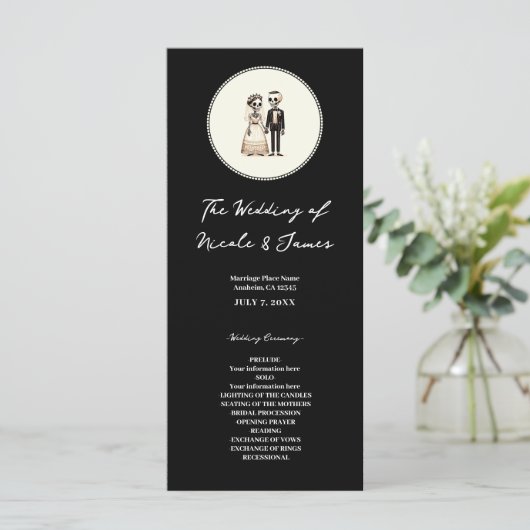 Cartoon Skeleton Bride + Groom Wedding Menu Programm (Stehend Vorderseite)