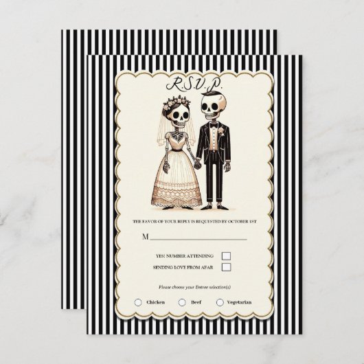 Cartoon Skeleton Bride + Groom Wedding RSVP Einladung (Vorne/Hinten)
