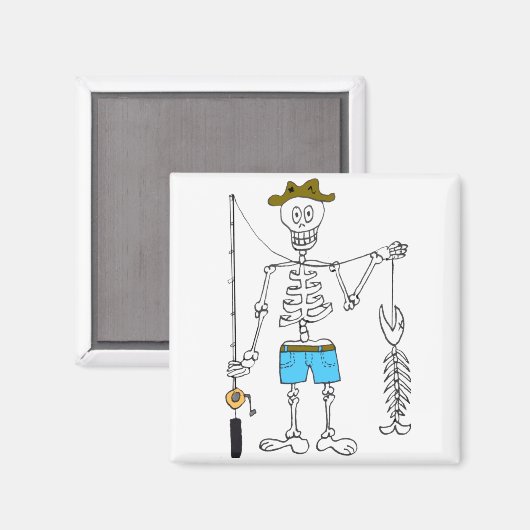 Cartoon Skeleton Fisherman in mit Skelettfisch Magnet (Vorderseite/Rückseite)