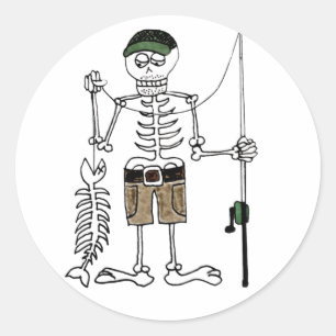 Cartoon Skeleton Fisherman mit Skelettfisch Runder Aufkleber
