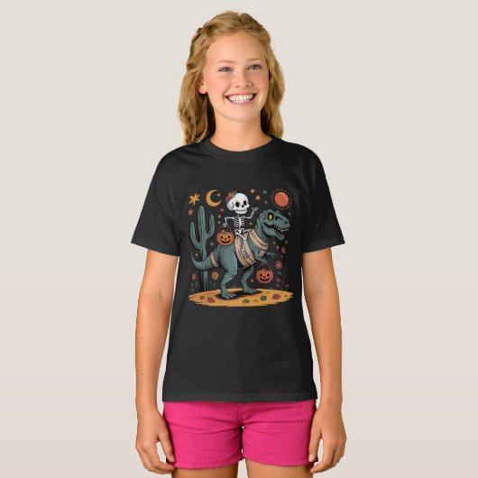 Cartoon Skeleton & T-Rex mit Candy Eckets T-Shirt (Vorne ganz)