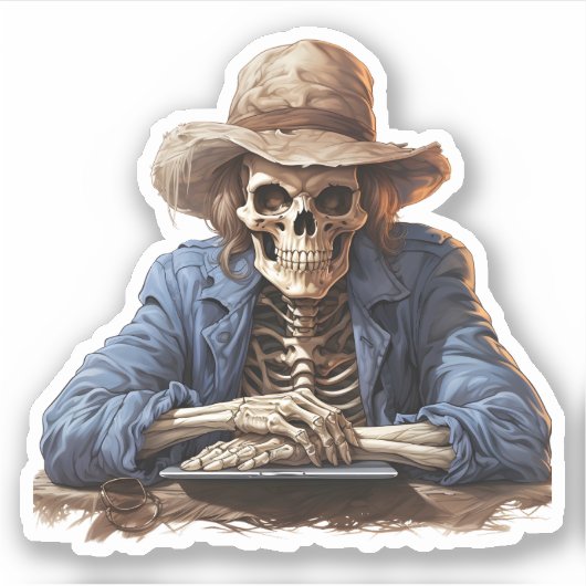 Cartoon Skeleton Tragend Cowboy-Hut Halloween Aufkleber (Vorderseite)