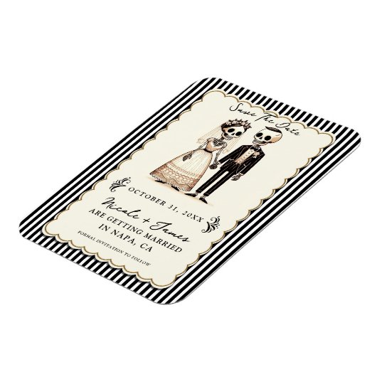 Cartoon Skelettbräune + Bräutigam Save the Date Magnet (Linke Seite)