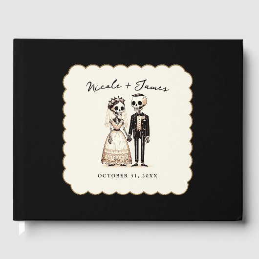 Cartoon Skelettbrücke + Groom Whimsical Wedding Gästebuch (Vorderseite)
