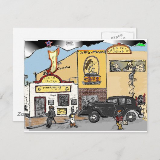 Cartoon Sketch von Roanoke Sehenswürdigkeit Texas Postkarte (Vorne/Hinten)