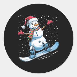 Cartoon Snowboarden Snowman mit Weihnachtsmannmütz Runder Aufkleber