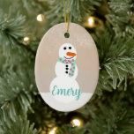 Cartoon Snowman (Anpassbarer Name) Keramik Ornament<br><div class="desc">Doppelseitiges Snowman-Ornament mit individualisierbarem Namen.</div>
