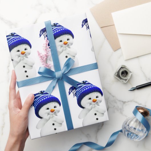 Cartoon Snowman in Blue & White Wool Hat Wrapping Geschenkpapier (Schenken)