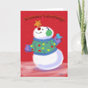 Cartoon Snowman Star Blue Bird Holiday Card Feiertagskarte