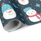 Cartoon Snowmen Dunkelblau Weißes Muster vorhanden Geschenkpapier (Rolleneckpunkt)
