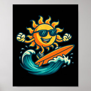 Cartoon-Sonne-Surfing-Sommerstrand-Wellen-Kunst Poster
