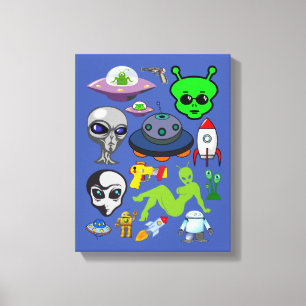Cartoon Space Außerirdischen Grays UFO Art Collage Leinwanddruck