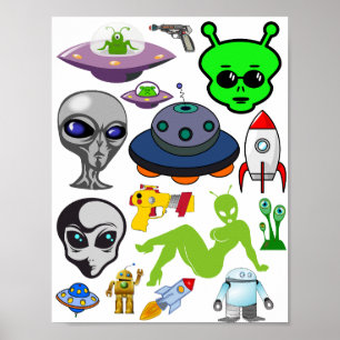 Cartoon Space Außerirdischen Grays UFO Art Collage Poster