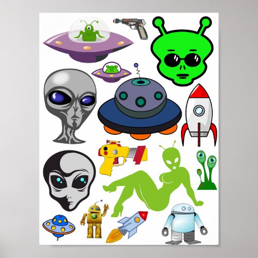 Cartoon Space Außerirdischen Grays UFO Art Collage Poster (Vorne)