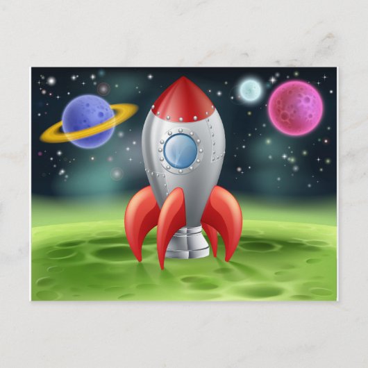 Cartoon Space Rocket auf Alien Planet Postkarte (Vorderseite)