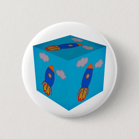 Cartoon Space Rocket Fliegen und Blue Sky Cube Button (Vorderseite)