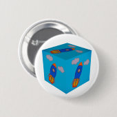 Cartoon Space Rocket Fliegen und Blue Sky Cube Button (Vorne & Hinten)