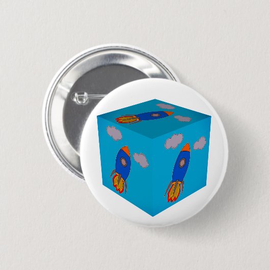Cartoon Space Rocket Fliegen und Blue Sky Cube Button (Vorne & Hinten)