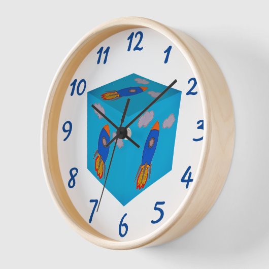 Cartoon Space Rocket Fliegen und Blue Sky Cube Uhr (Winkel)
