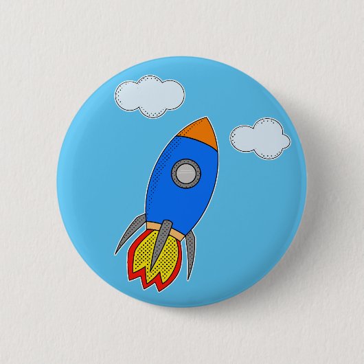 Cartoon Space Rocket in Blue Sky Button (Vorderseite)