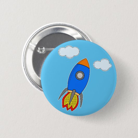 Cartoon Space Rocket in Blue Sky Button (Vorne & Hinten)