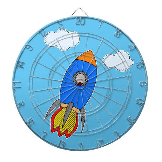 Cartoon Space Rocket in Blue Sky Dartscheibe (vorne)