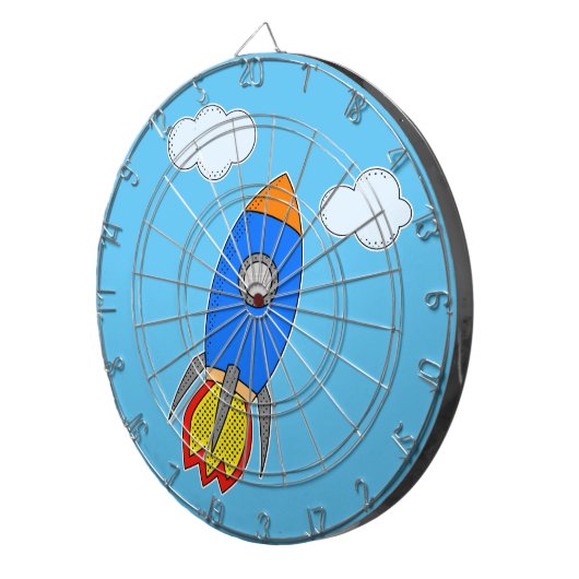 Cartoon Space Rocket in Blue Sky Dartscheibe (Vorderseite rechts)