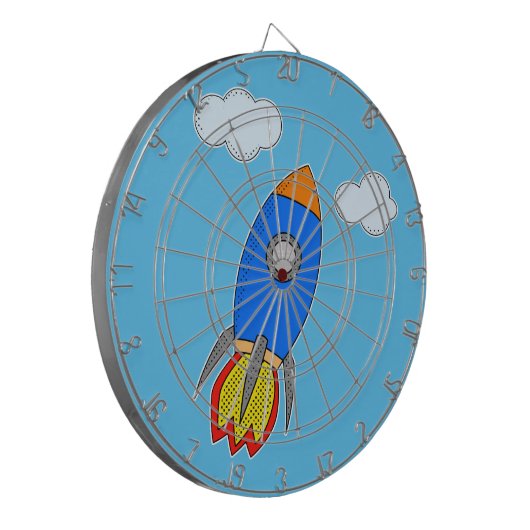 Cartoon Space Rocket in Blue Sky Dartscheibe (Vorderseite Links)