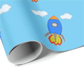 Cartoon Space Rocket in Blue Sky Geschenkpapier (Rolleneckpunkt)
