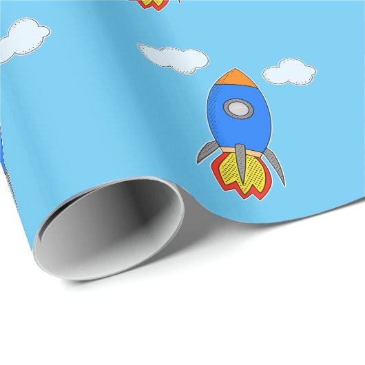 Cartoon Space Rocket in Blue Sky Geschenkpapier (Rolleneckpunkt)