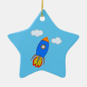 Cartoon Space Rocket in Blue Sky Keramik Ornament