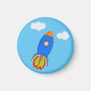 Cartoon Space Rocket in Blue Sky Magnet