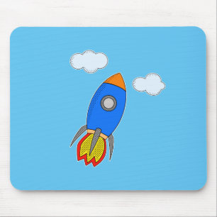 Cartoon Space Rocket in Blue Sky Mousepad