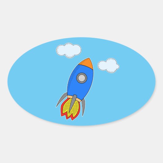 Cartoon Space Rocket in Blue Sky Ovaler Aufkleber (Vorderseite)