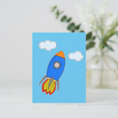 Cartoon Space Rocket in Blue Sky Postkarte (Stehend Vorderseite)